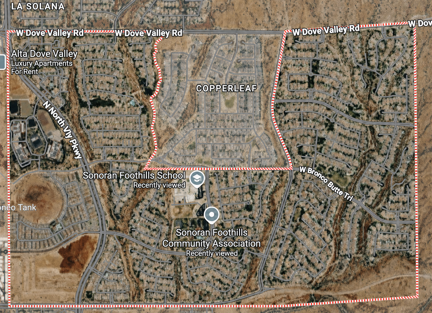 Sonoran Foothills community map showing Copperleaf, Sonoran Foothills School, North Valley Parkway, Dove Valley Road and the surrounding residential neighborhoods.