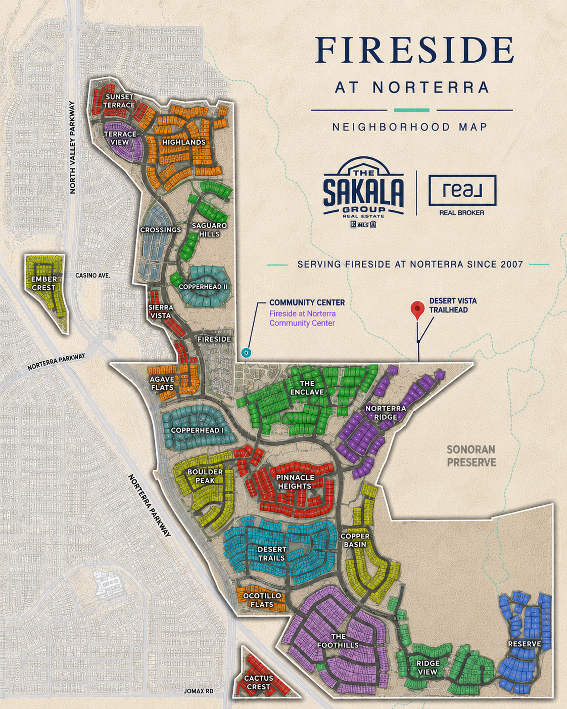 Fireside at Norterra neighborhood map showing residential pockets, community center and Desert Vista Trailhead in Phoenix AZ 85085