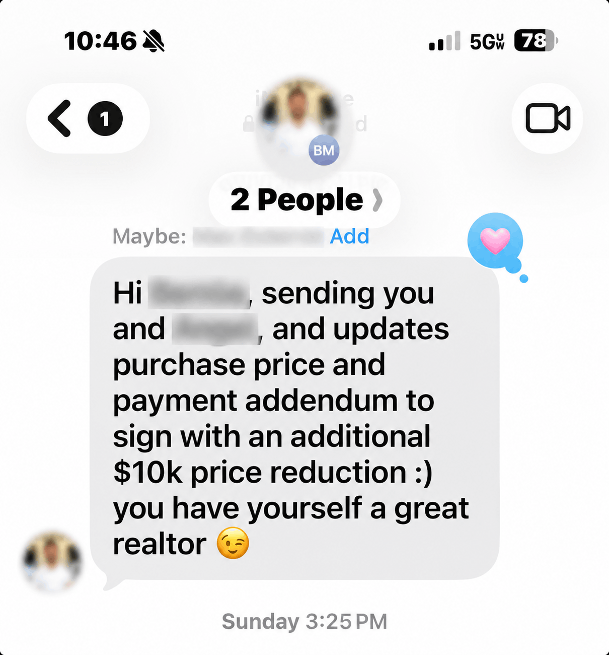 Text message from a builder’s agent confirming a $10,000 price reduction and praising Shelley Sakala’s negotiation