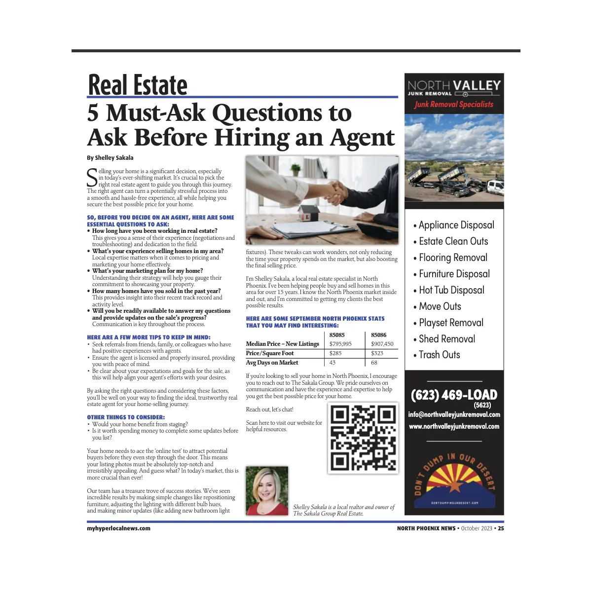 North Phoenix News October 2023 real estate column by Shelley Sakala about questions to ask before hiring an agent