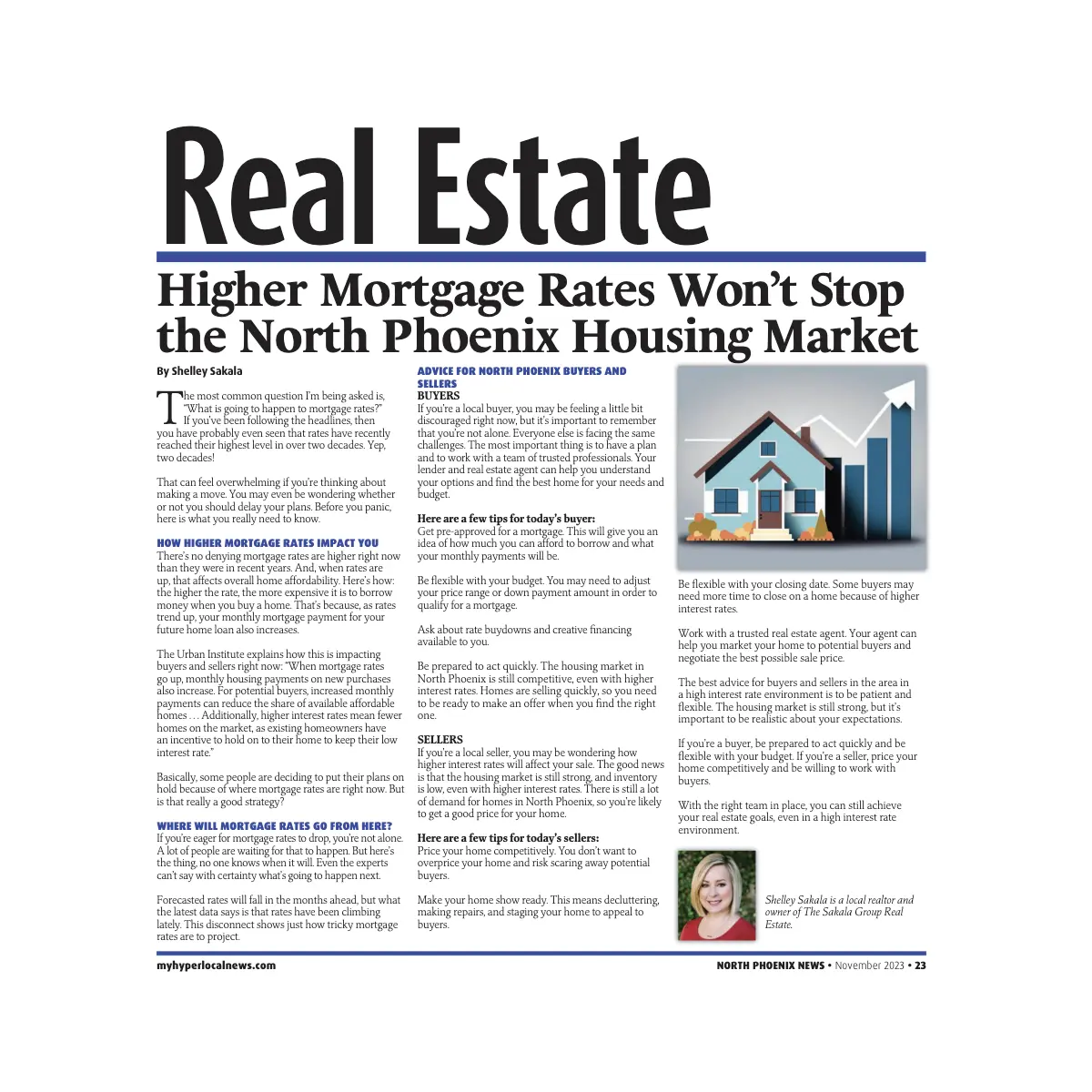 North Phoenix News November 2023 real estate column by Shelley Sakala titled Higher Mortgage Rates Won’t Stop the North Phoenix Housing Market.