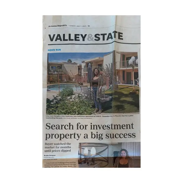 Arizona Republic May 7, 2023 article Search for Investment Property a Big Success featuring Shelley Sakala’s client Lisa Conti.