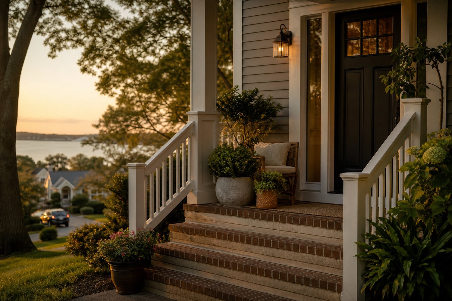 Front porch with steps, white railings, and potted plants