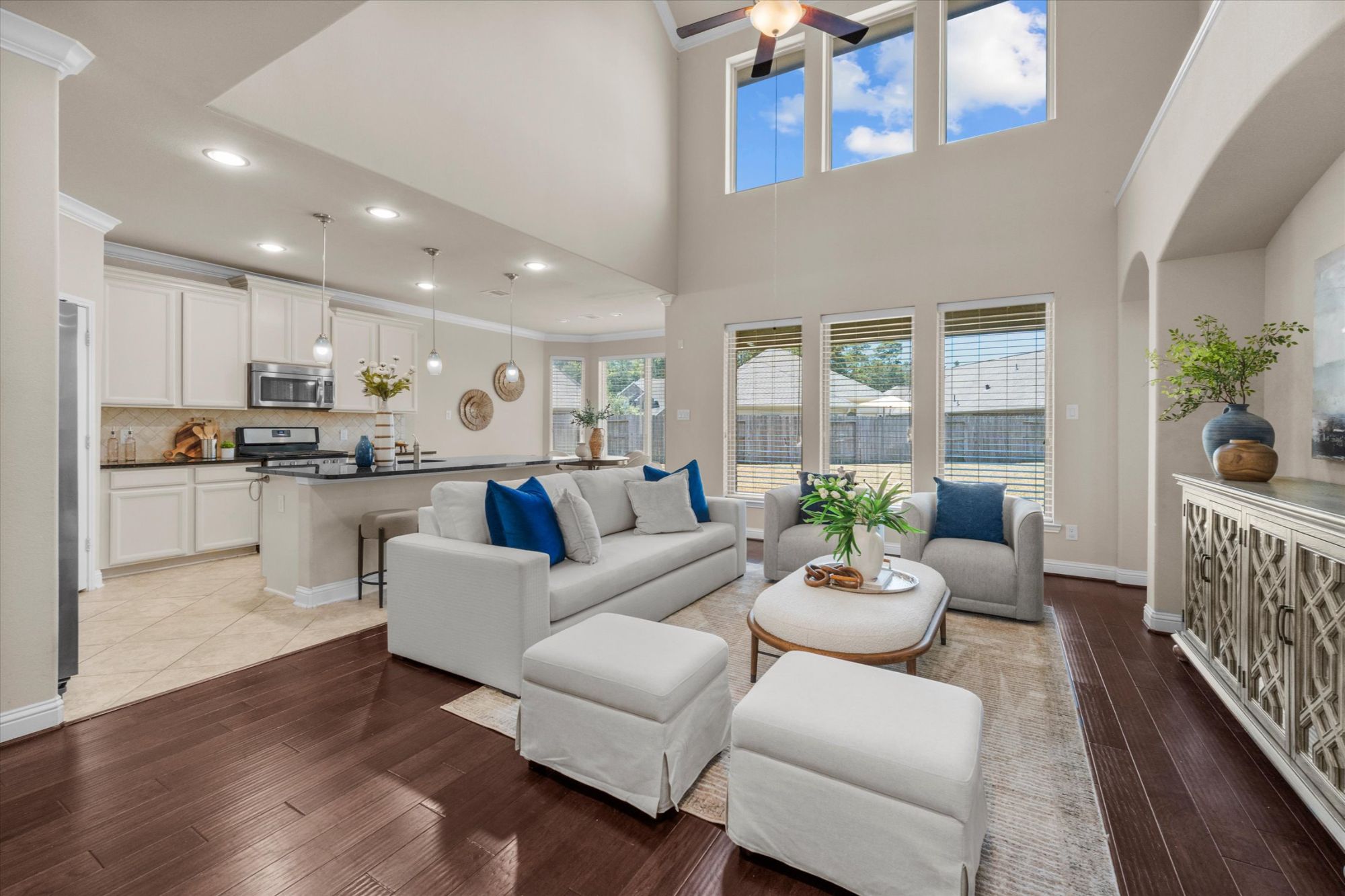 With high ceilings and crown molding the living area is beautiful and cozy at the same time