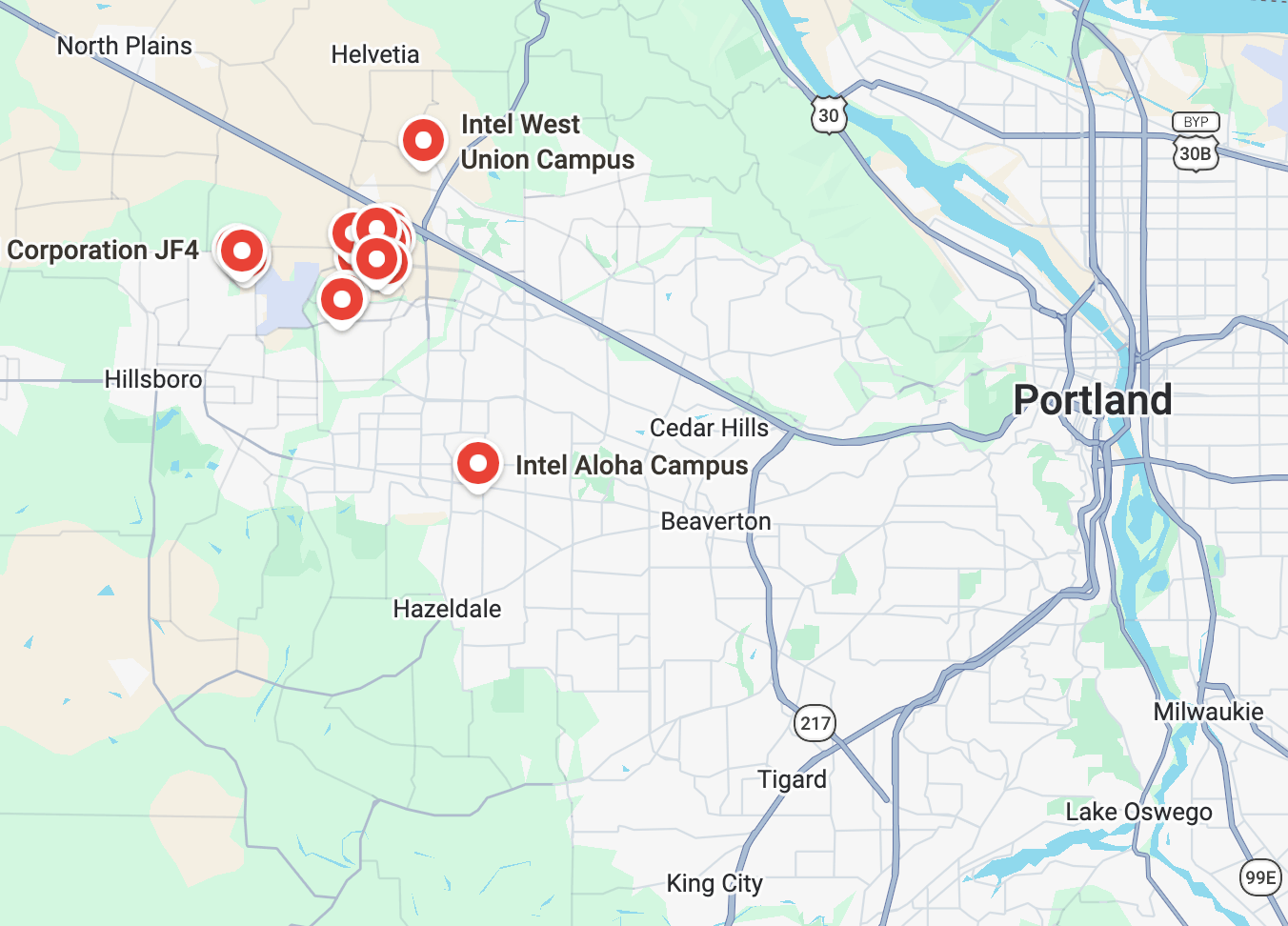 map image of intel campus locations in Hillsboro Oregon