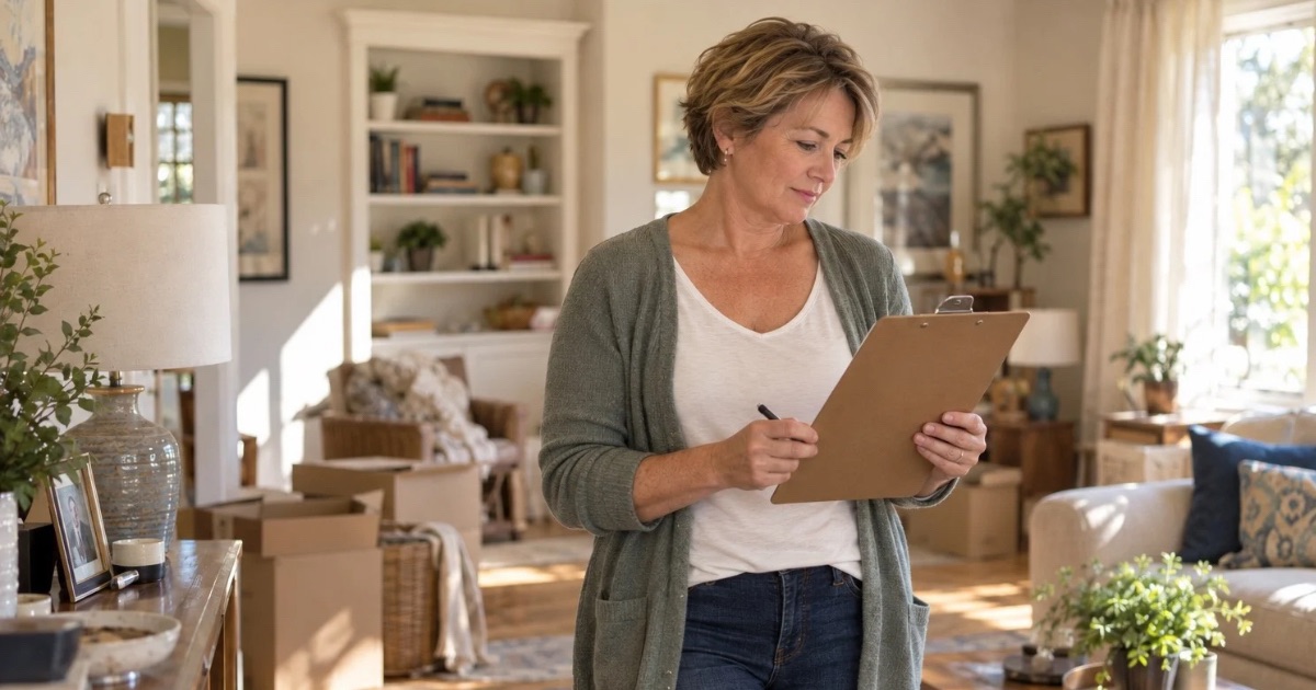 Central Ohio homeowner walking through their house with a list of items to keep before listing it for sale