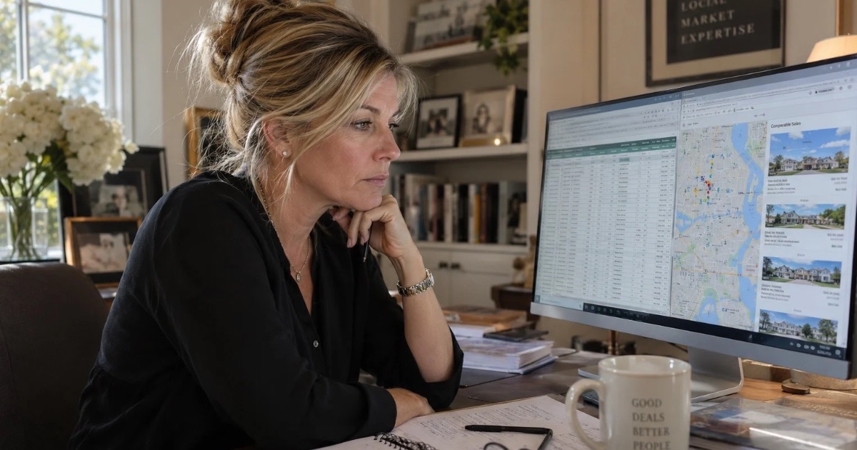 Real estate agent reviewing comparable home sales and listing activity to evaluate a home price reduction