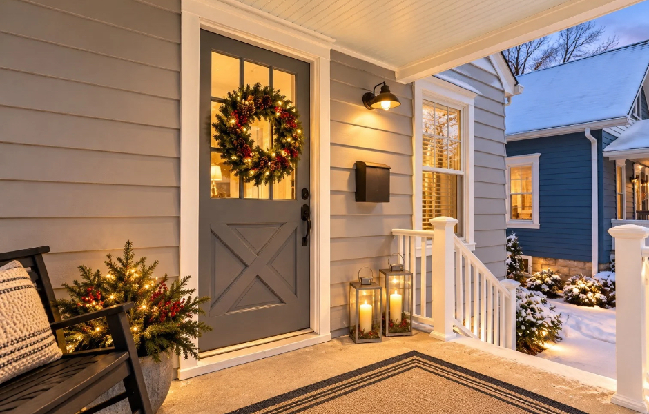 Lit front porch with a holiday wreath on a Central Ohio home in winter
