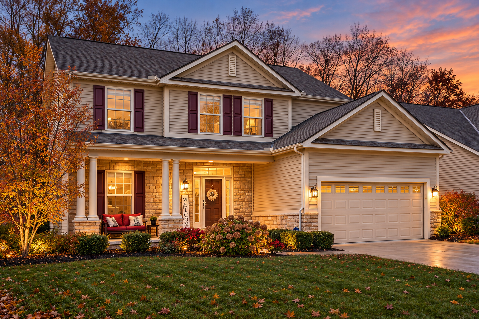 Central Ohio home in late fall with the porch light on at dusk