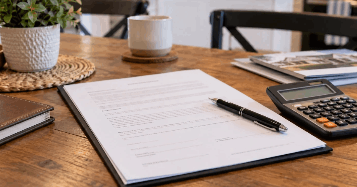 Purchase offer, pen and calculator on a kitchen table in a Central Ohio home