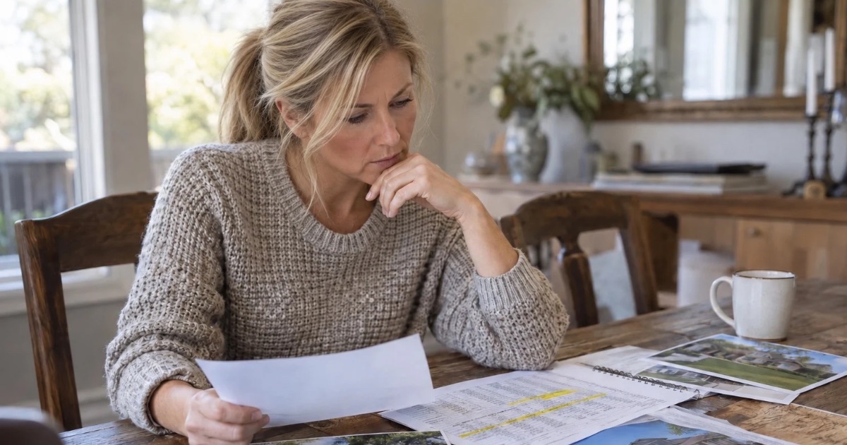 Homeowner reviewing comparable home sales, property photos, and a list of recent updates at a table