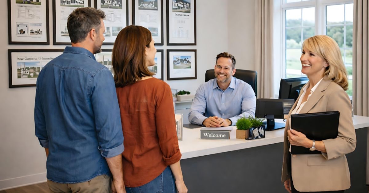 Couple touring a model home with their realtor in Columbus Ohio