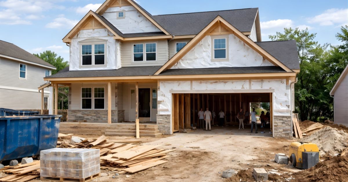 New construction home under construction in Central Ohio with framed garage and active build progress