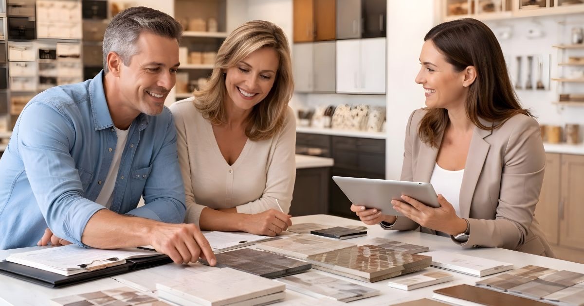 Homebuyers reviewing tile and cabinet selections with a real estate agent at a new construction design center in Columbus Ohio