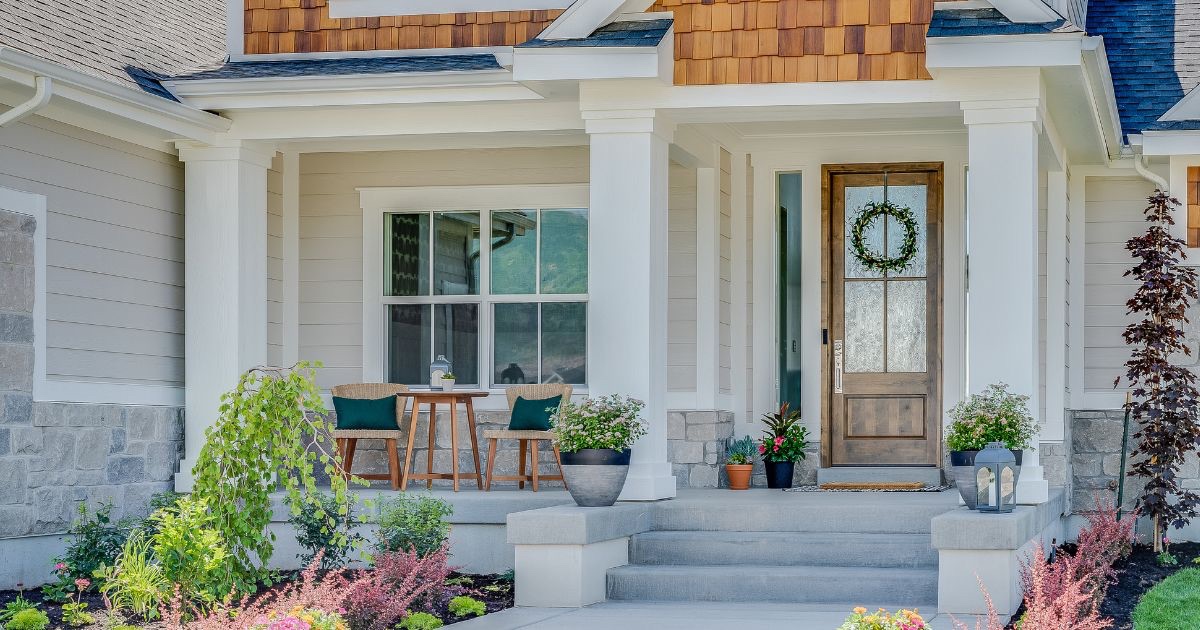 Welcoming front door and porch of a Central Ohio home prepared for buyers