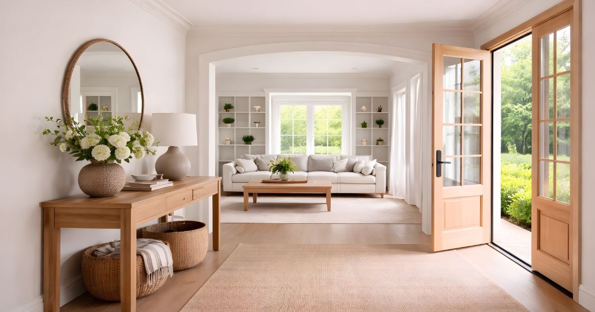 Bright front entry of a staged Central Ohio home with clean lines and natural light