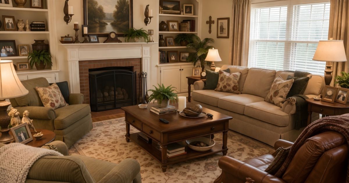 Overdecorated room showing common home staging mistakes before listing