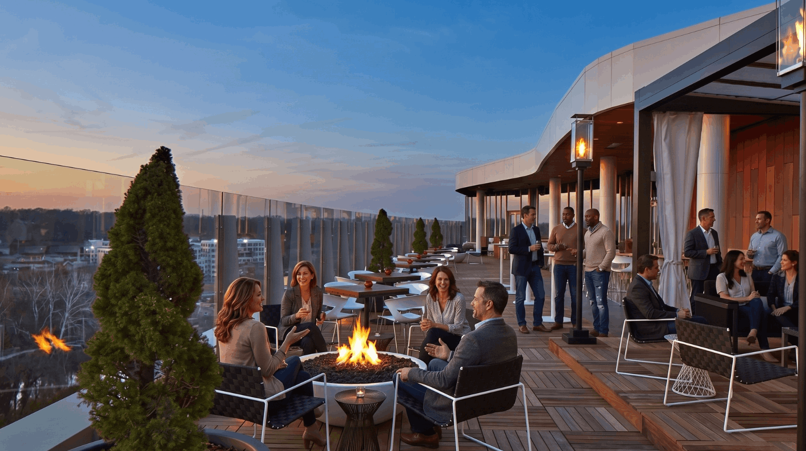 Outdoor dining at Bridge Park Dublin Ohio along the river during spring patio season with people walking and dining