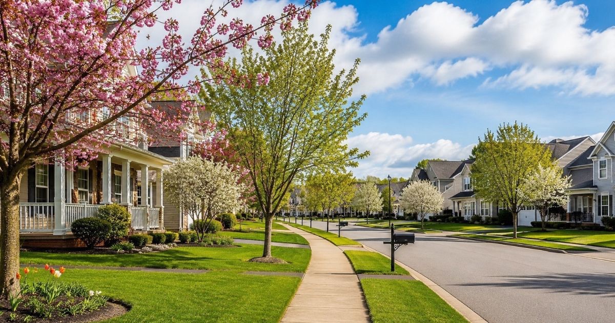 Central Ohio suburban neighborhood in spring 2026 showing homes for sale in Dublin, Powell, Westerville, and Worthington