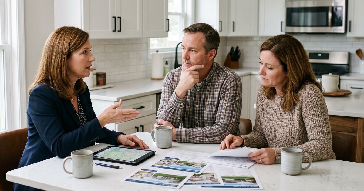 Sellers reviewing offer and appraisal paperwork at a kitchen table in their Dublin Ohio home