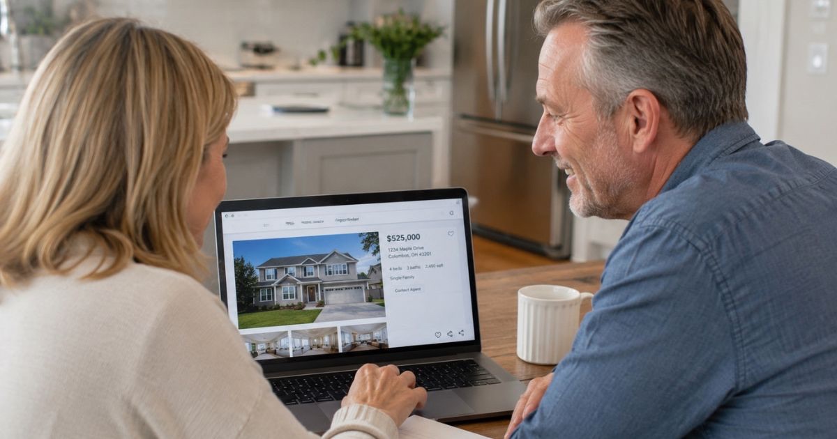 Central Ohio buyers comparing home listings on a laptop at a kitchen table