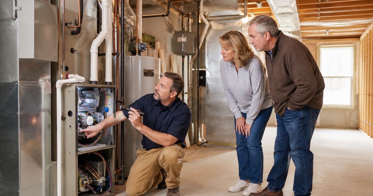 Home inspector checking a furnace with home buyers during a Central Ohio home inspection