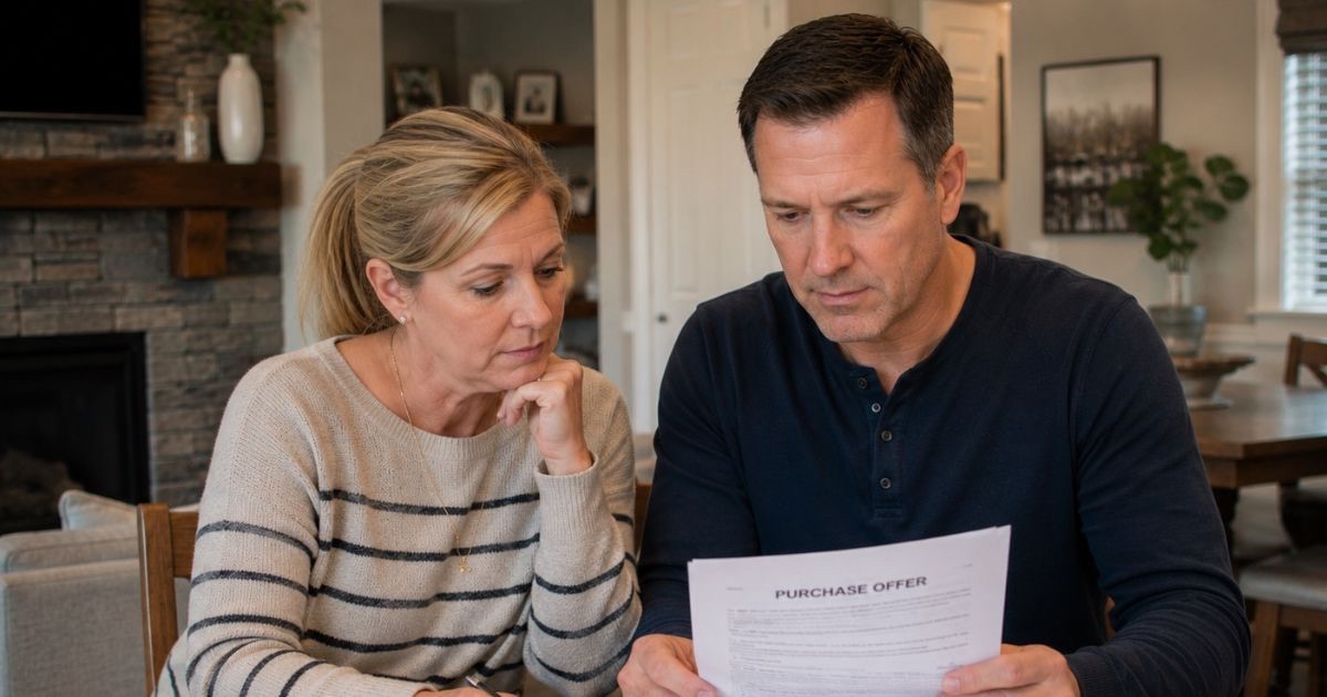 Seller reviewing multiple purchase offers at a kitchen table in a Central Ohio home