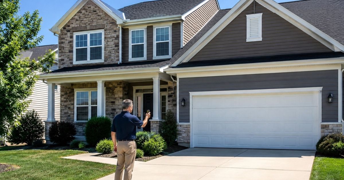 Residential real estate appraiser measuring the exterior of a Central Ohio suburban home