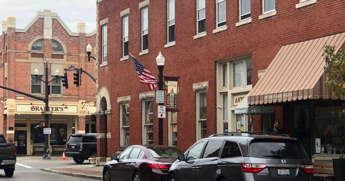 Uptown Westerville Ohio streetscape with local shops