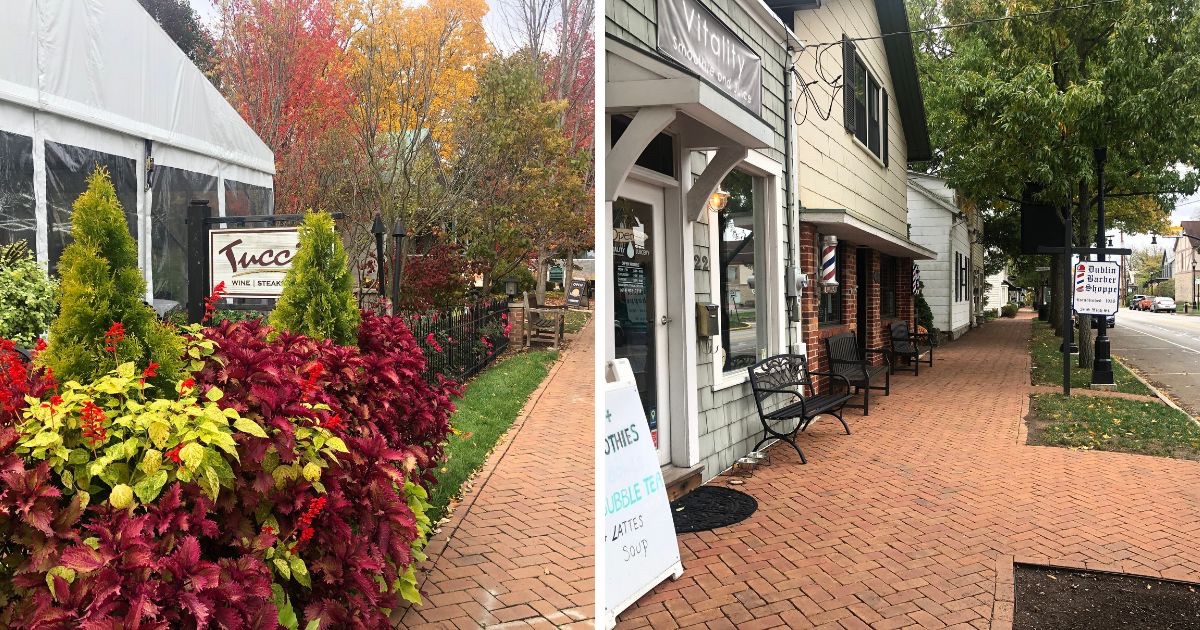 Historic Dublin Ohio streetscape with local restaurants and shops