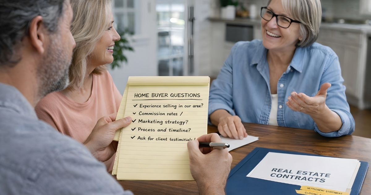 Homeowner interviewing a listing agent and reviewing selling questions