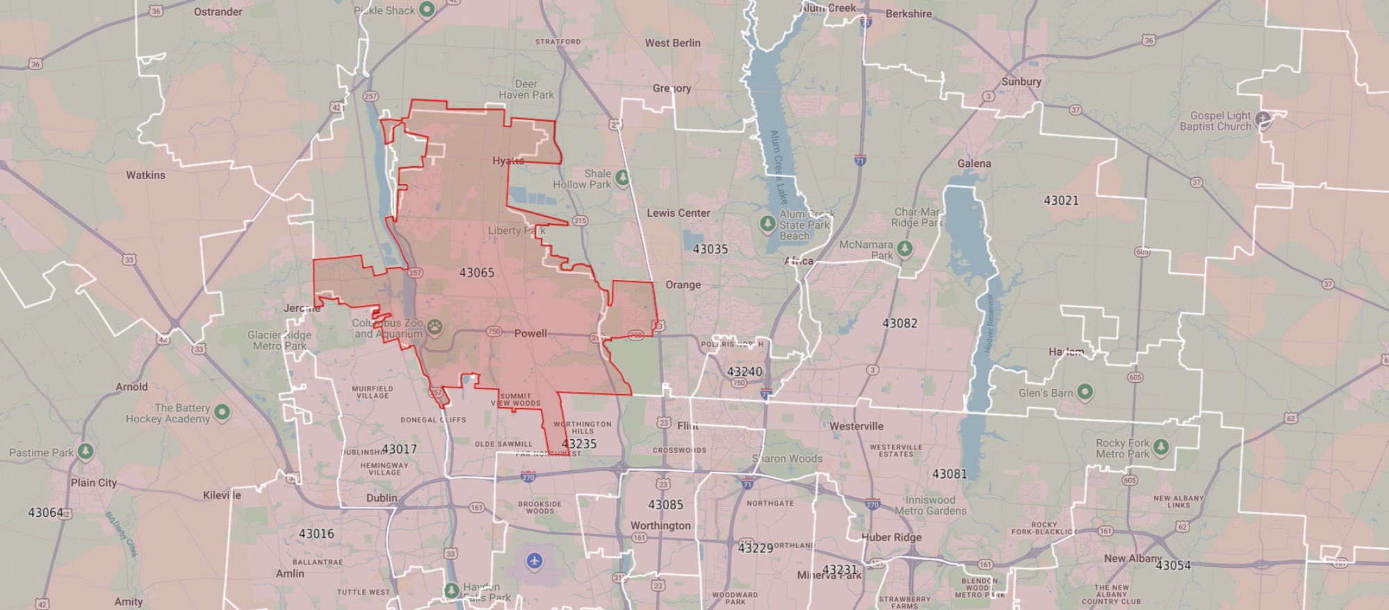 Map showing Powell Ohio north of Columbus near Dublin Lewis Center and Polaris