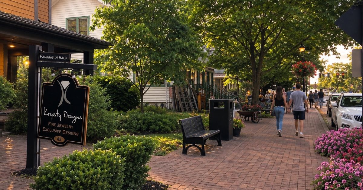 Downtown Powell Ohio with restaurants shops sidewalks and community gathering spaces