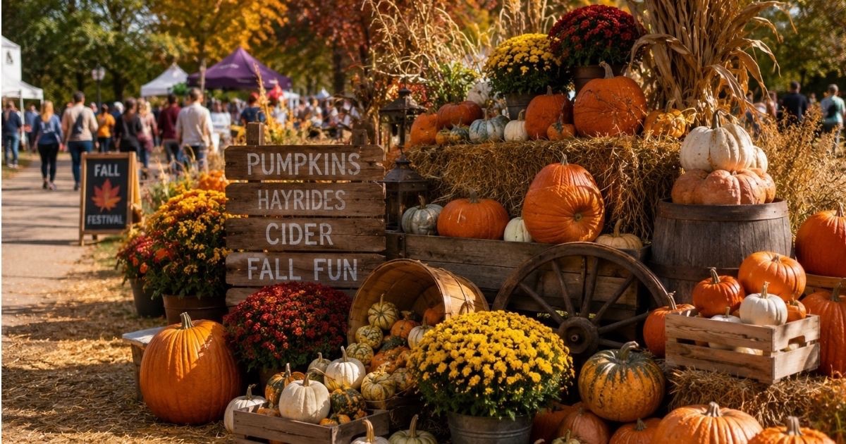 Pumpkin displays and colorful fall decorations at a Central Ohio autumn festival