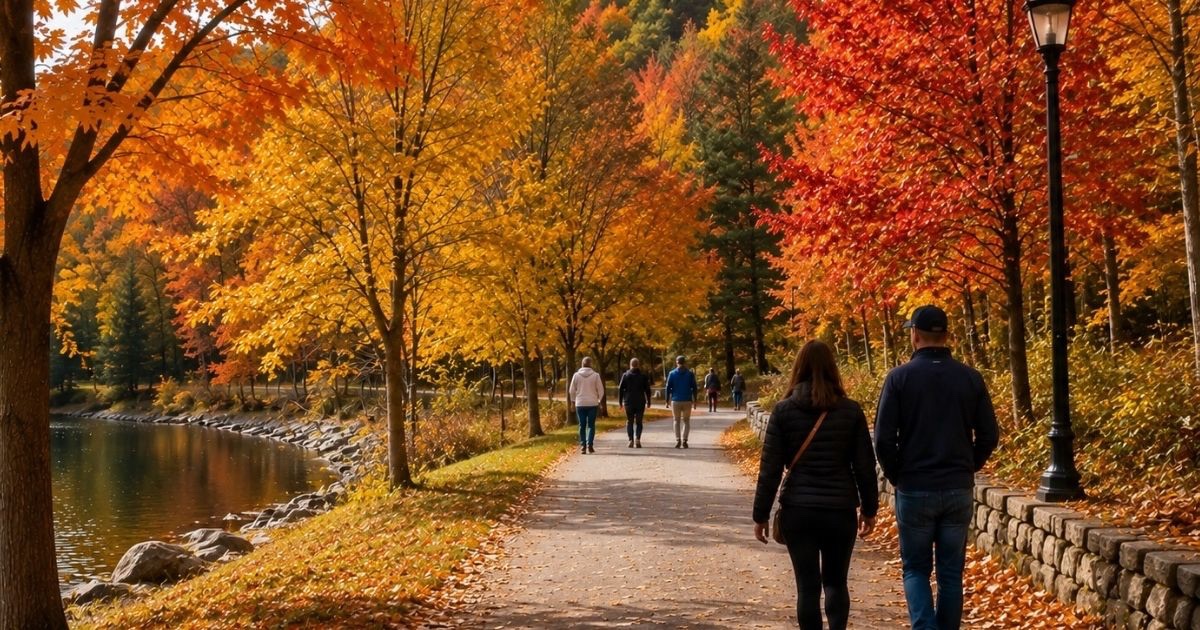 Colorful fall foliage along a wooded trail in Central Ohio