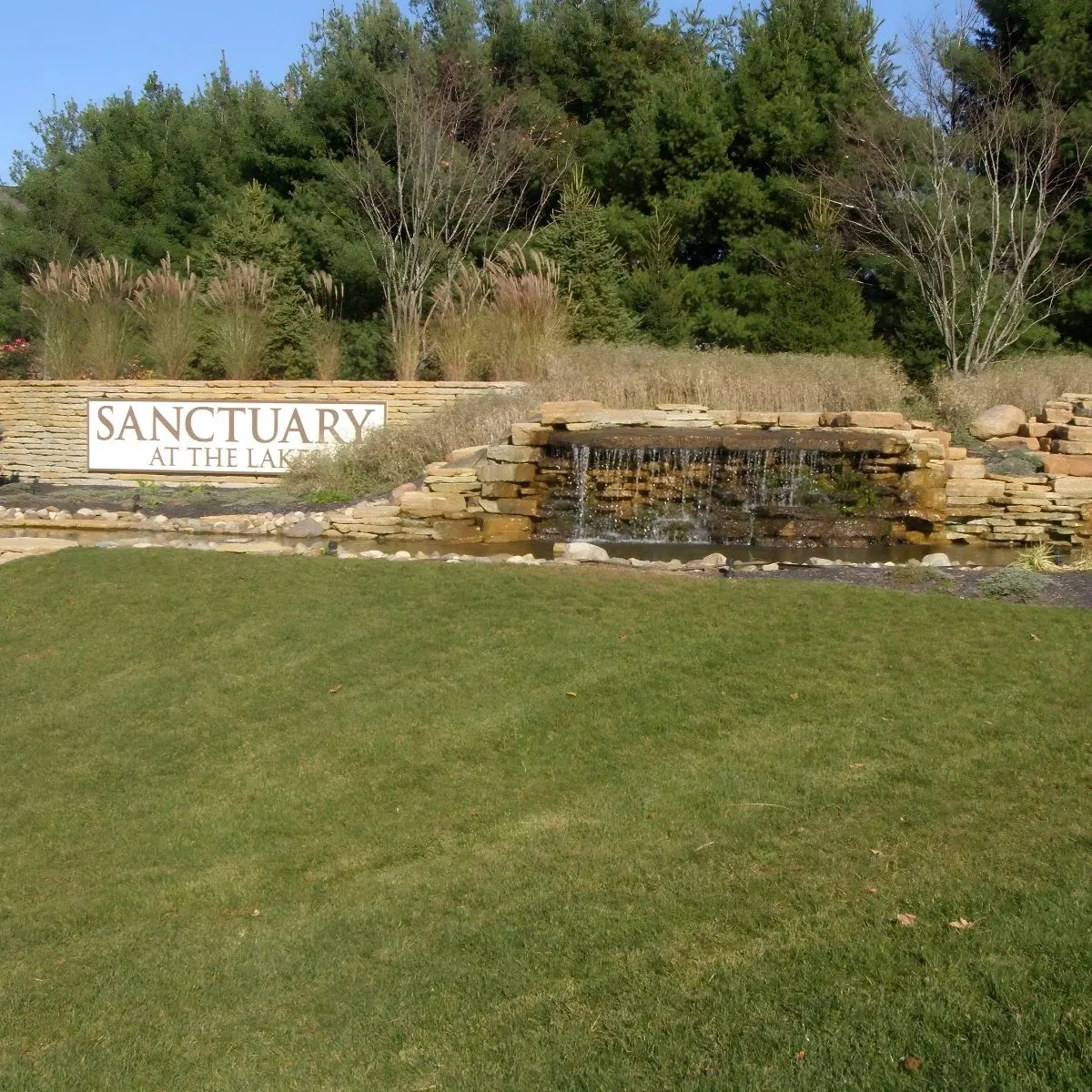 Entrance sign and landscaping at Sanctuary at the Lakes in Westerville, Ohio.