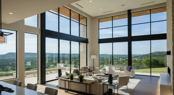 Luxury open-concept living room with floor-to-ceiling black-framed windows offering panoramic Texas Hill Country views – The Sable Realty Group