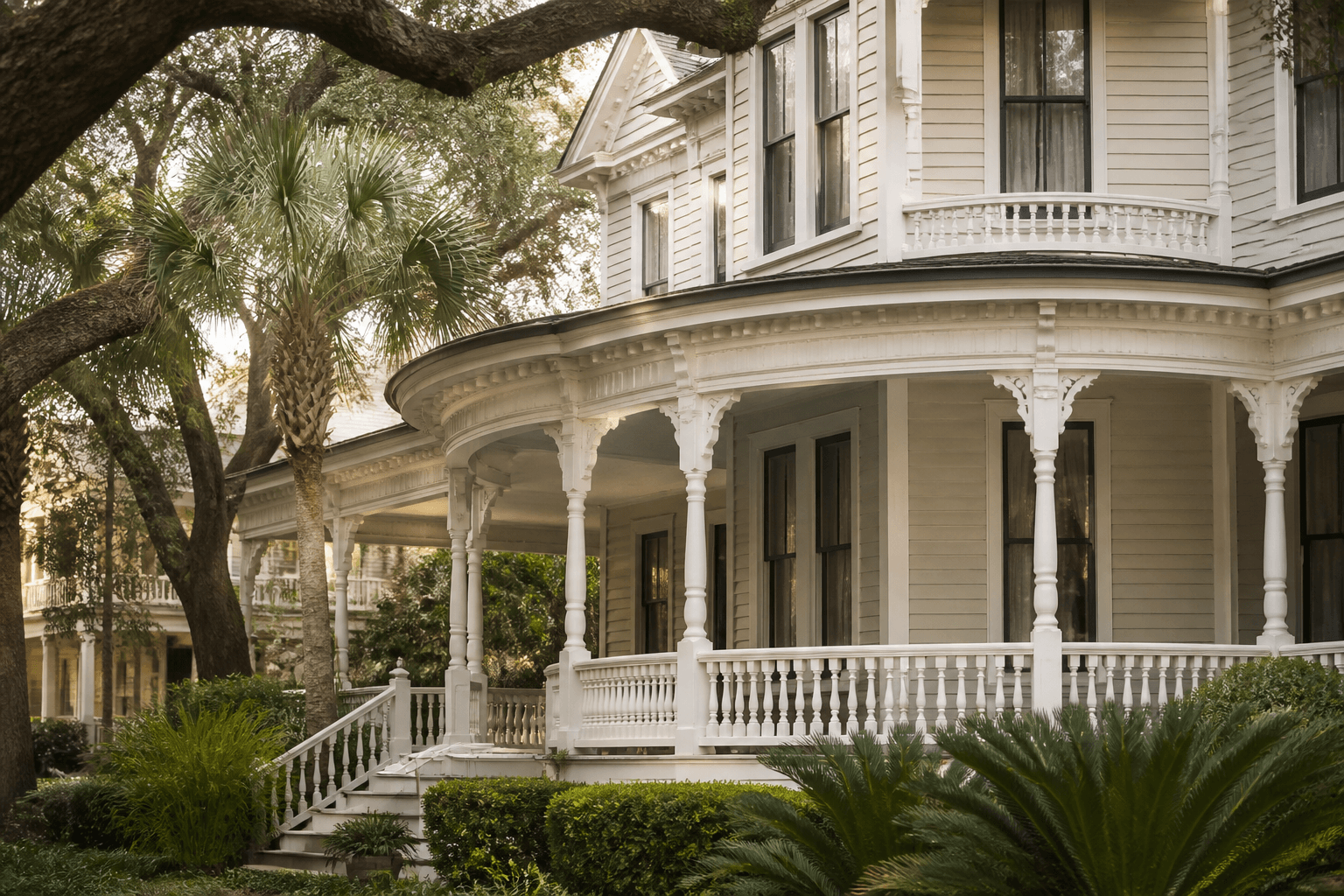 Historic Victorian-era house with a wraparound porch in Fernandina Beach, Florida