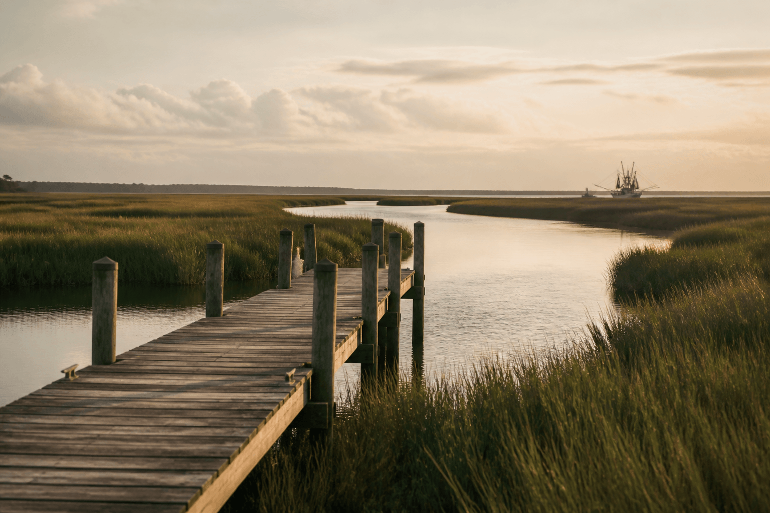Tidal salt marsh and a weathered dock at golden hour near Fernandina Beach, Florida