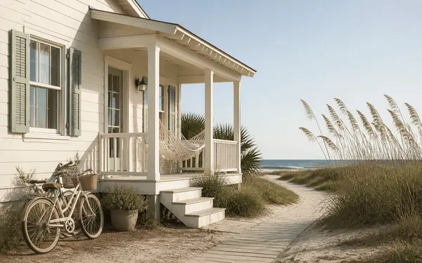 Cream coastal beach cottage with sage shutters, a hammock and bicycles beside a sandy dune path