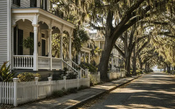 Historic Fernandina Beach street lined with Victorian homes and live oaks draped in Spanish moss