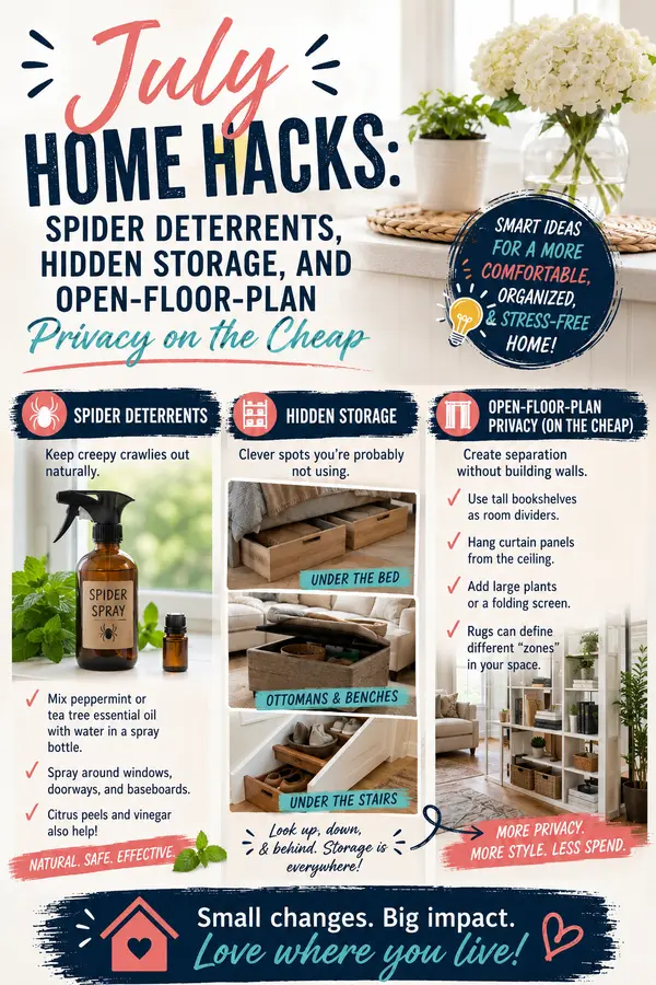 July Home Hacks: Spider Deterrents, Hidden Storage, and Open-Floor-Plan Privacy on the Cheap