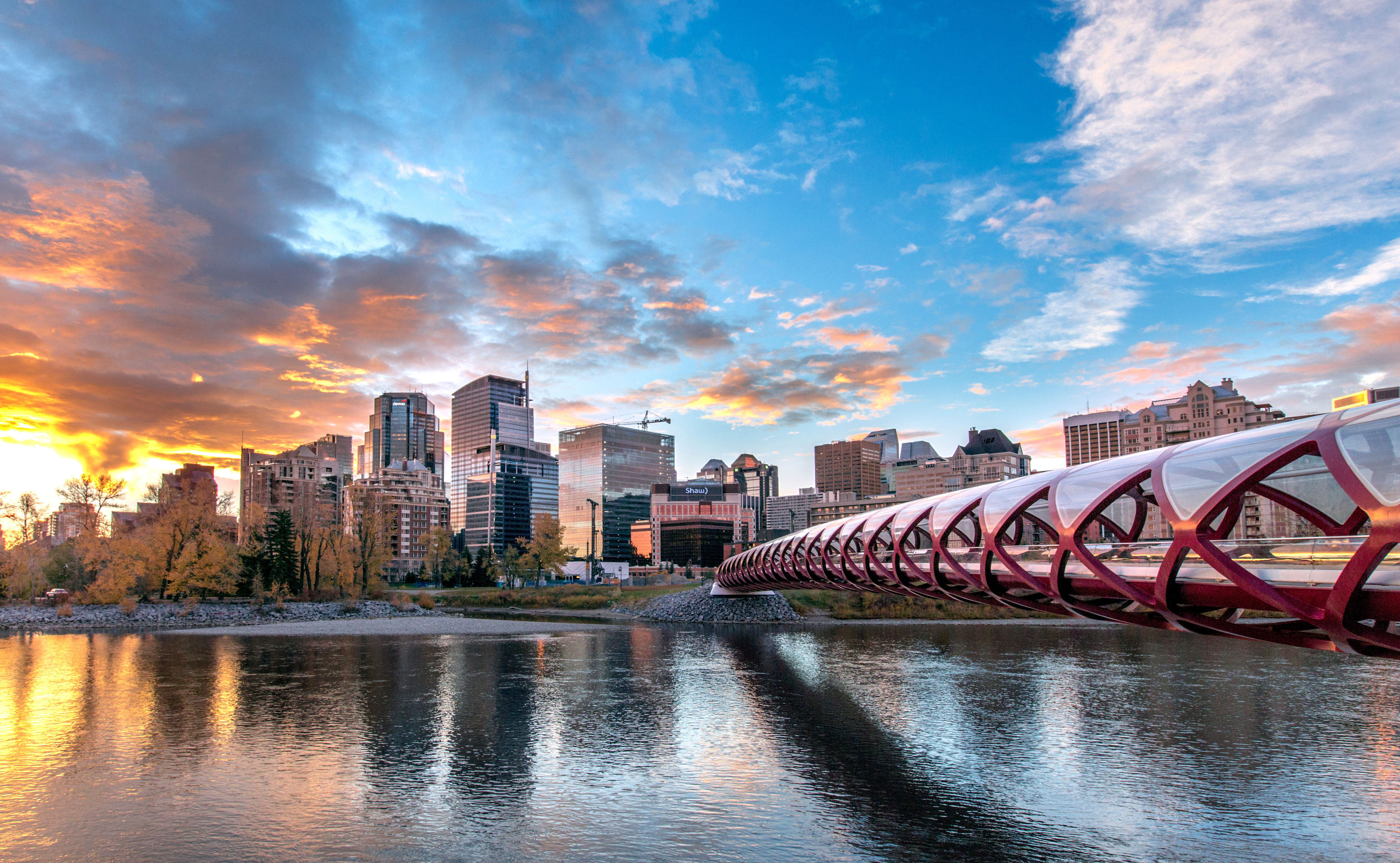 Calgary skyline and the Peace Bridge at sunrise