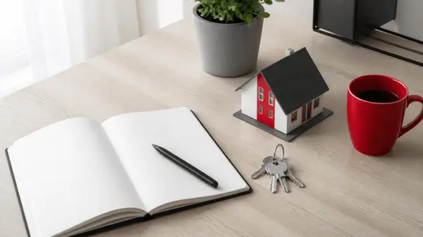Desk with a notebook, house keys and a small model home