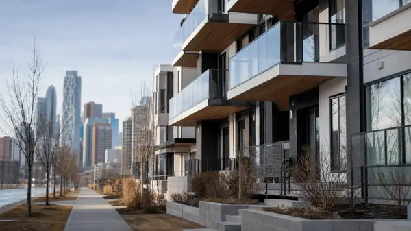 Modern inner-city Calgary condominium building on a clear day