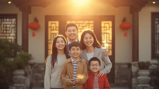 Family looking happy as they stand in front of their home