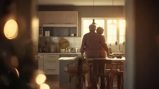 Older couple standing by the kitchen island