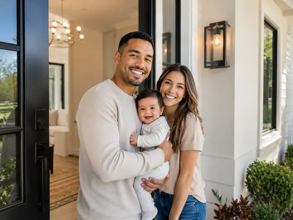 Smiling family at the entrance of a modern home, representing buyer services for first-time homebuyers in Central Florida.