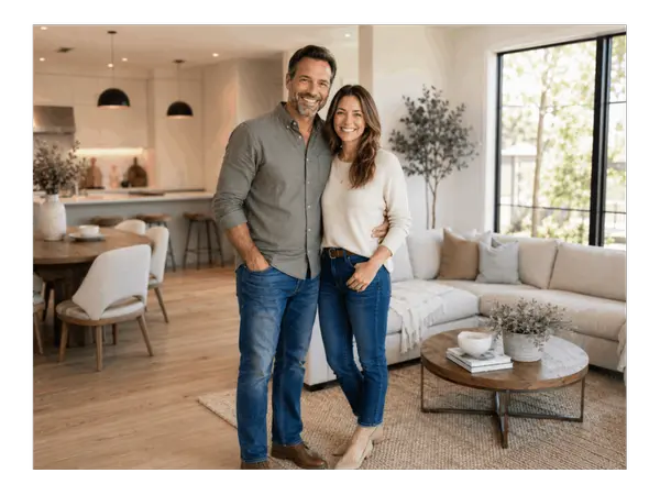 Smiling homeowner couple inside a bright, staged modern home, representing seller services and confident real estate guidance in Central Florida.