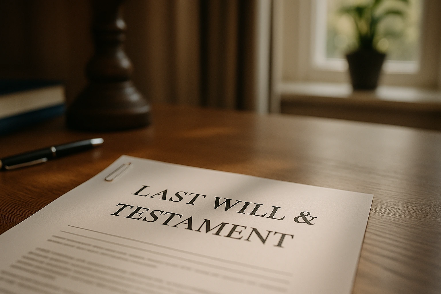 A Last Will & Testament document rests on a wooden desk in a sunlit home office, with natural light streaming through a nearby window and a potted plant in the background.